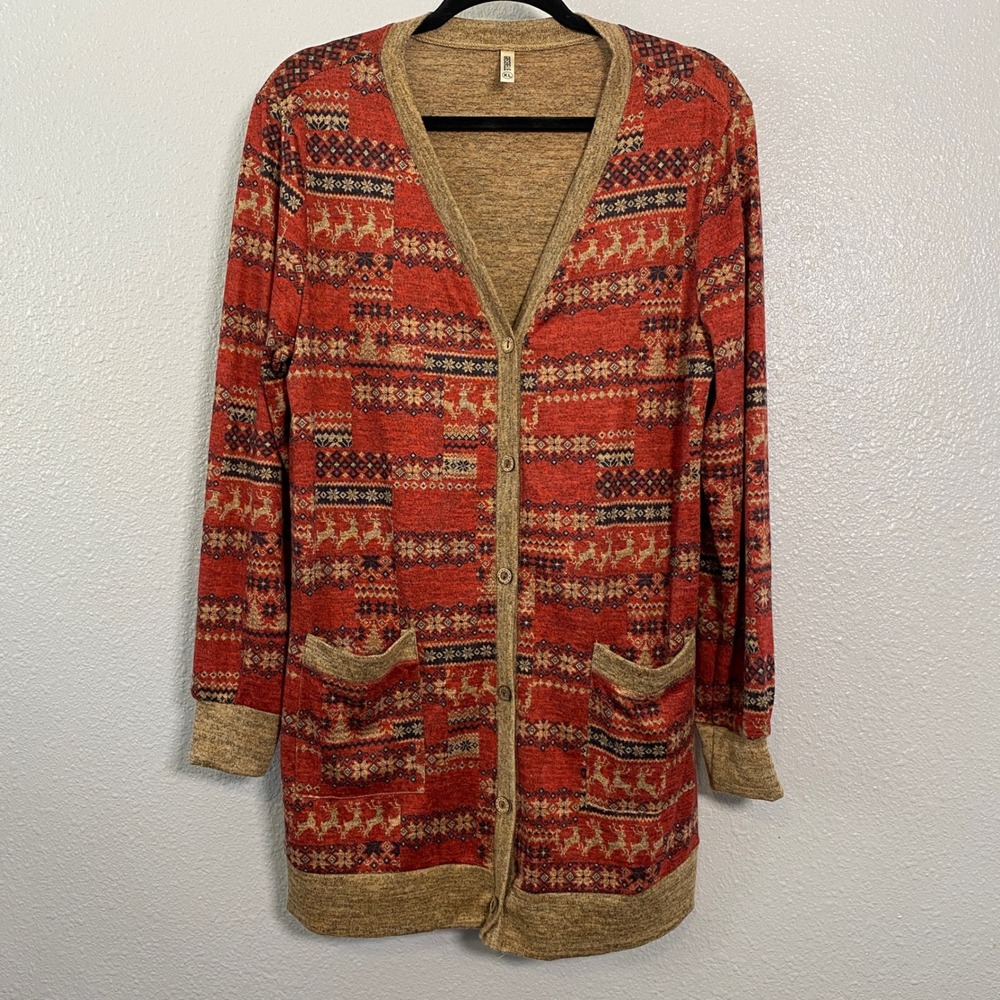 Fair Isle Reindeer Long Cardigan XL Festive Ugly Christmas Sweater Holiday Knit